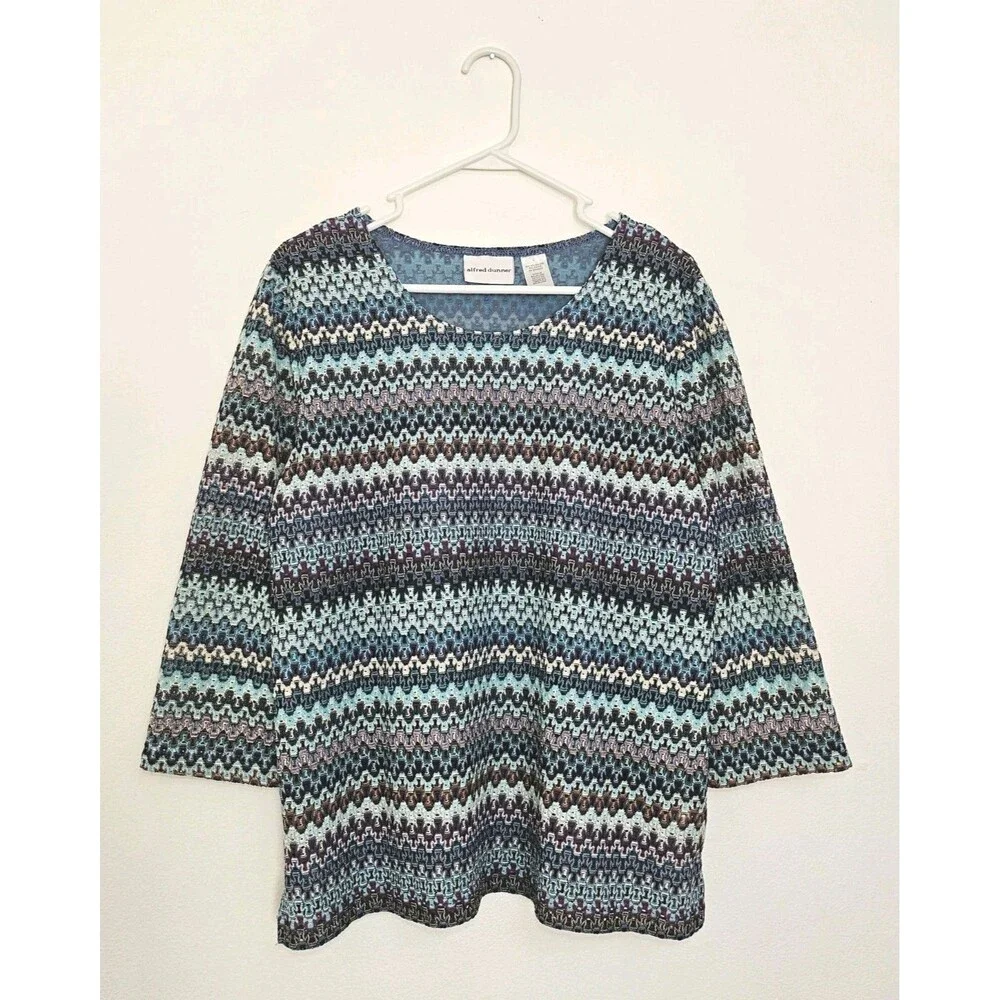 Alfred Dunner Rippled Pattern Lace Top Blouse Lined 3/4 Sleeve Women's L